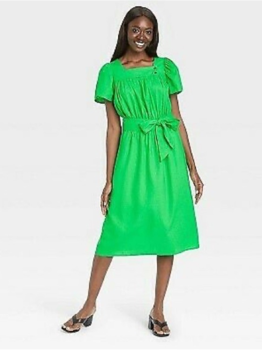Who What Wear Bright Green Square-Neck Midi Belted Dress